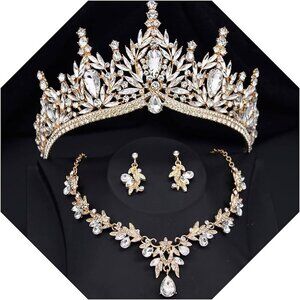 Bridal Wedding Crystal Crown Jewelry Set Tiara Necklace Earrings Women's